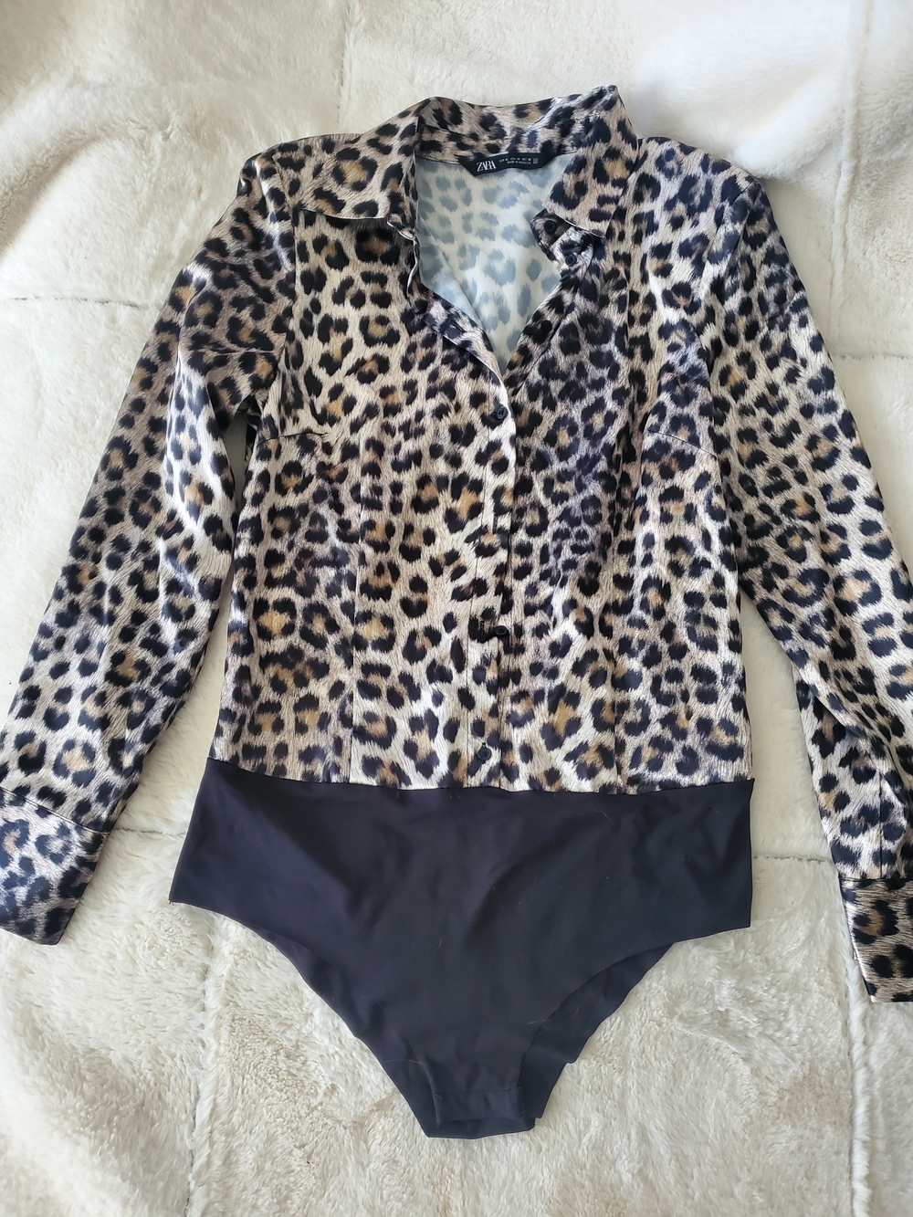 Zara Leopard Print Long-Sleeve One-Piece Bodysuit - Black/Beige M